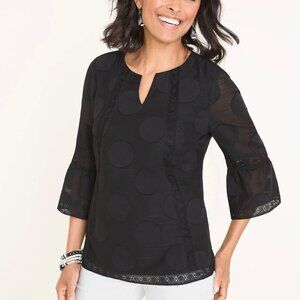 White Chico's Womens Sheer Polka Dot Blouse With Crochet Trim & 3/4 Bell Sleeves